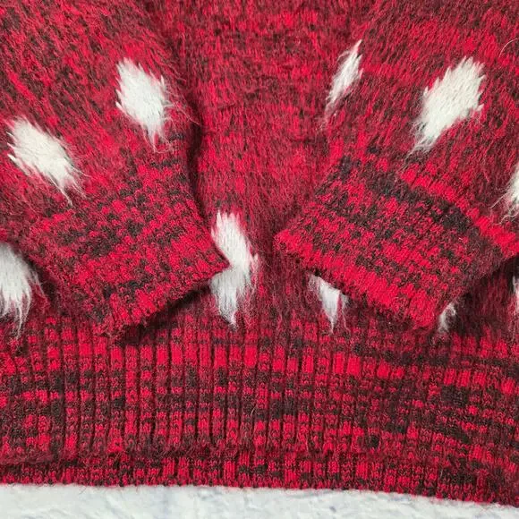 Fair Isle Red & White Fuzzy V-neck Cozy Sweater Stretchy size Small - Picture 7 of 12